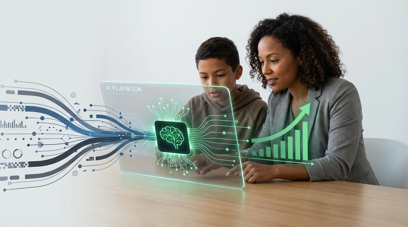A young woman with dark hair pulled back, wearing a dark suit jacket over a white shirt, stands smiling and holding a black microphone. She looks directly forward against a softly blurred background.